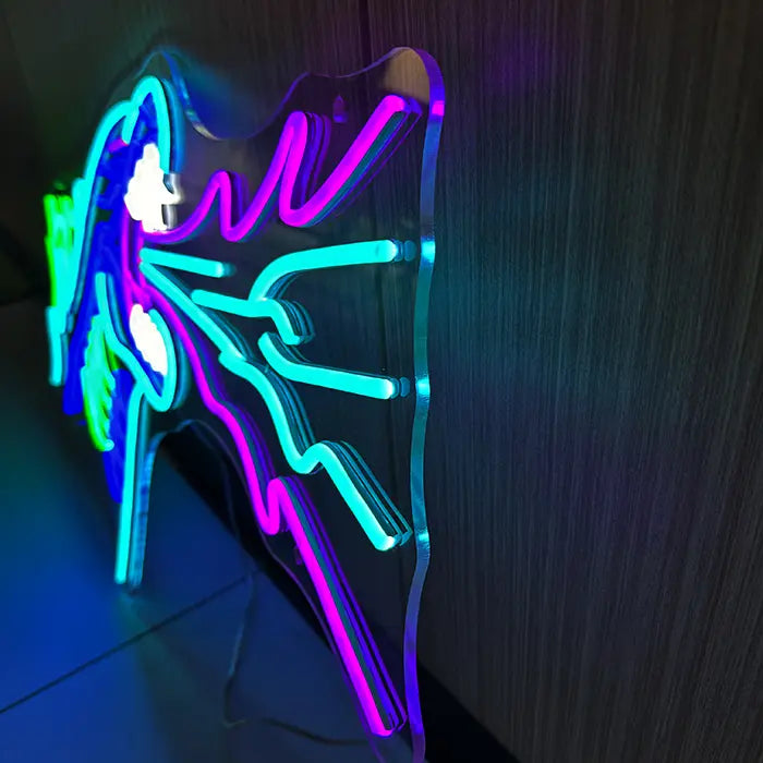 Godzilla Neon LED Sign at an angle from the side, the neon tubing sits proud of the clear acrylic