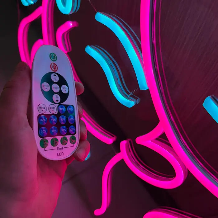 Neon Bunny LED Sign Set, shot from the side, contour-cut acrylic panel visible