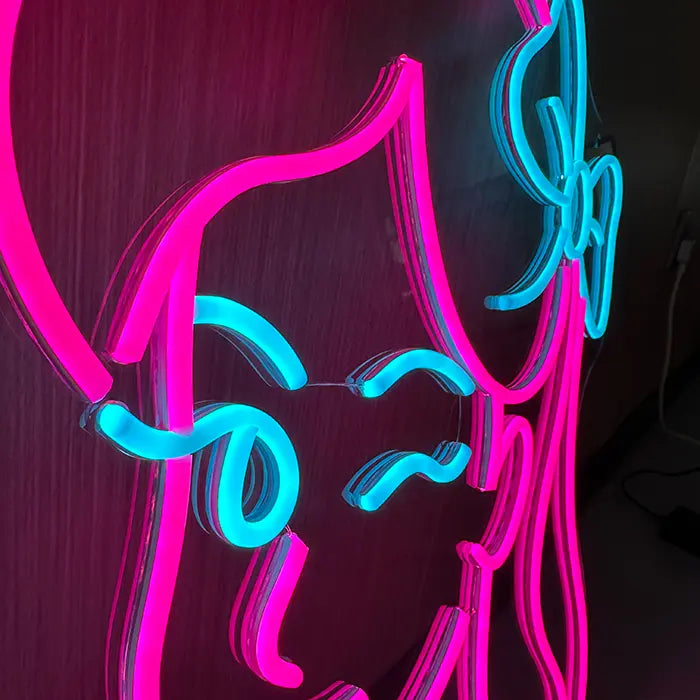 Neon Bunny LED Sign Set, close-up of the LED neon flex on the clear backing panel