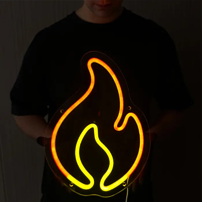 Feuerflamme Neon LED Schild, seitlich fotografiert, konturierte Acrylplatte sichtbar