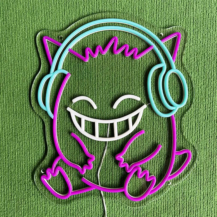 Pokémon Gengar Chill neon LED sign, shot from above at an angle, depth of the neon tube visible
