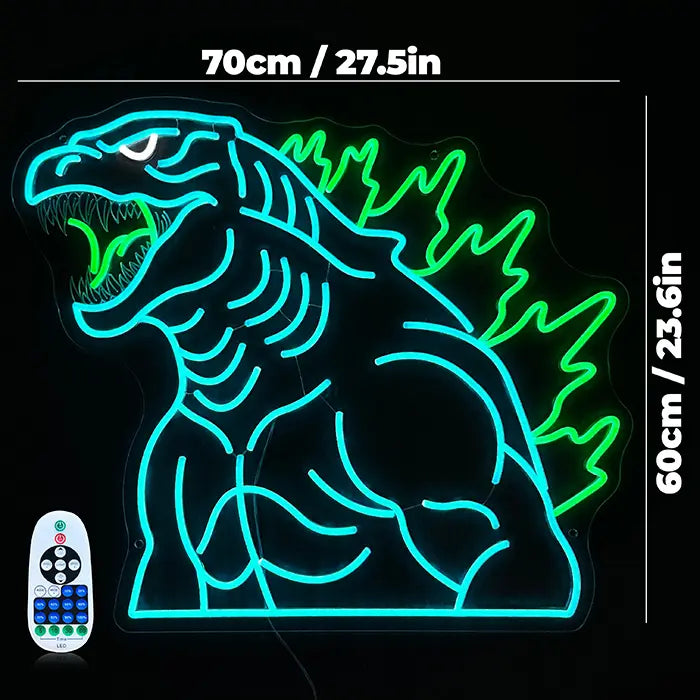Godzilla Neon LED Sign with dimensions 70 cm (28") and 60 cm (24"), the dimmer remote beside it