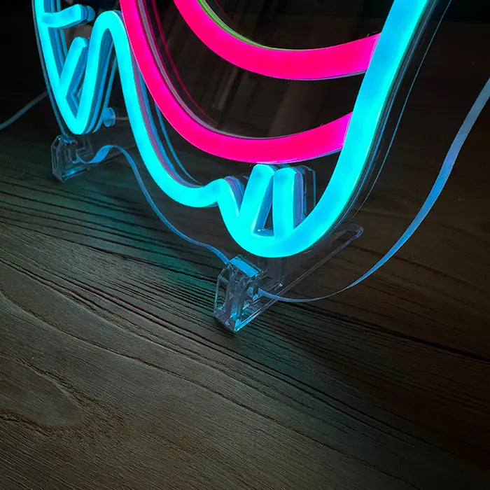 Ocean Fish Neon LED Sign in close-up, the stand and neon tubing on the clear panel