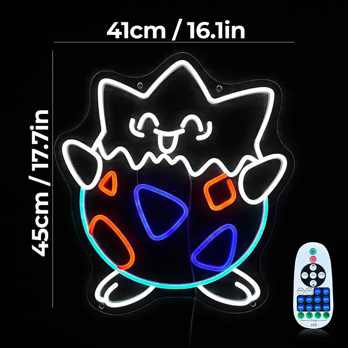 Pokémon Togepi Neon LED Sign with dimensions 41 cm (16") and 45 cm (18"), the dimmer remote beside it
