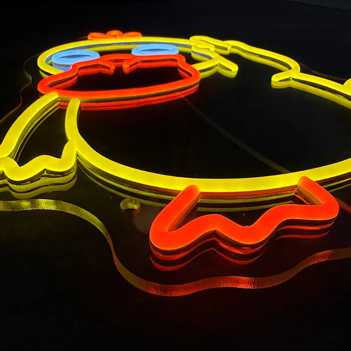Pokémon Psyduck Middle Finger Neon LED Sign at an angle from above, beak and acrylic edge in detail