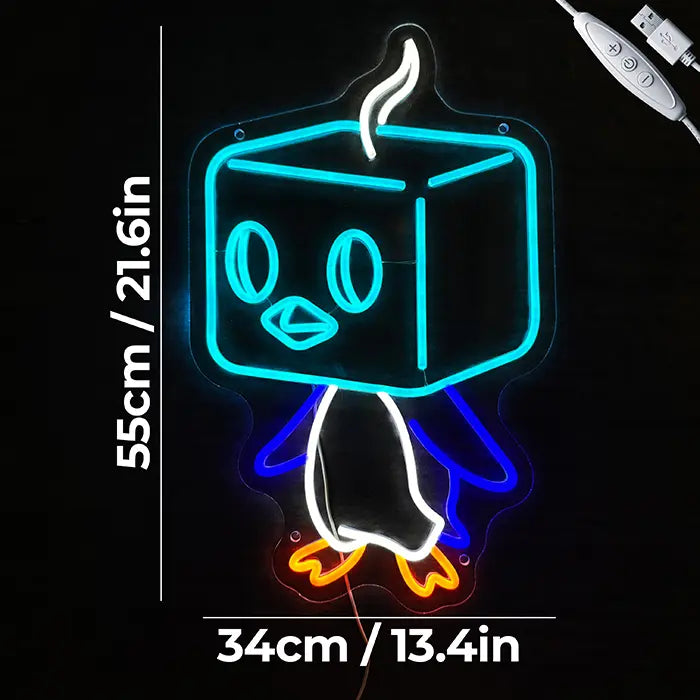 Pokémon Eiscue Neon LED Sign with dimensions 34 cm (13") and 55 cm (22"), USB cable with dimmer beside it