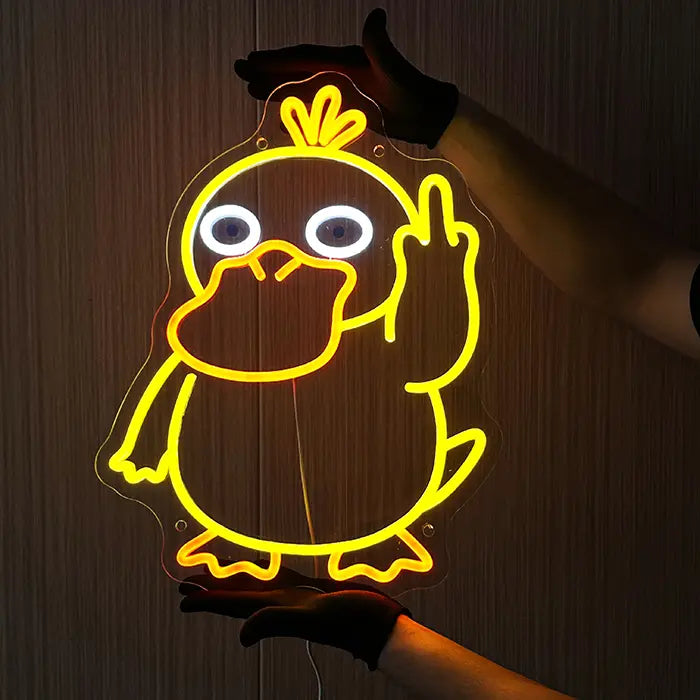 Pokémon Psyduck Middle Finger Neon LED Sign aligned on the wall with gloves