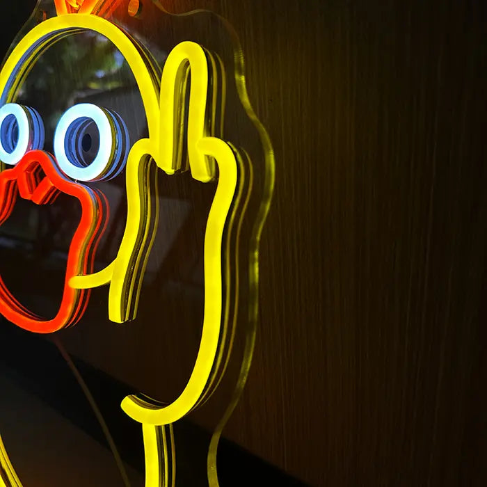 Pokémon Psyduck Middle Finger Neon LED Sign in close-up from the side, the eye and raised hand in frame