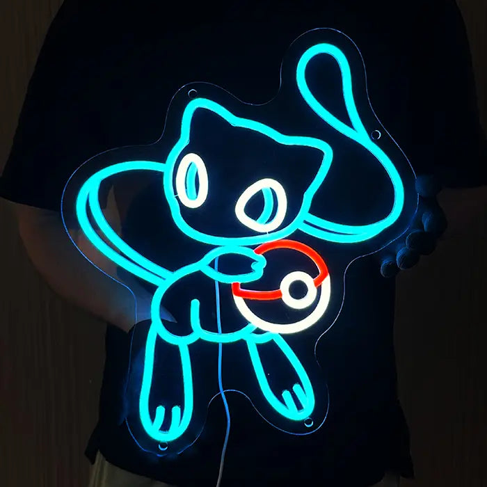 Pokémon Mew Neon LED Sign in blue held in front of the body, the whole motif glowing evenly