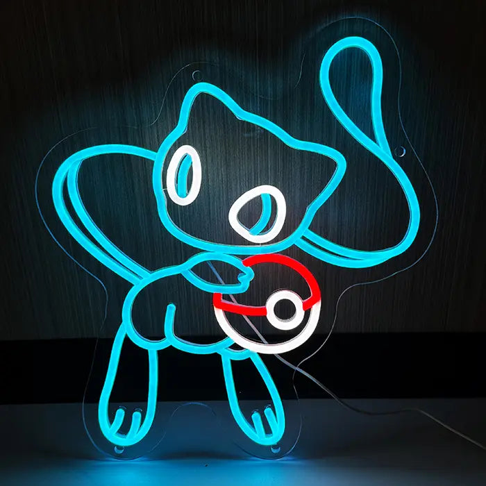 Pokémon Mew Neon LED Sign in blue glowing head-on, curving tail and red-and-white ball in its arms