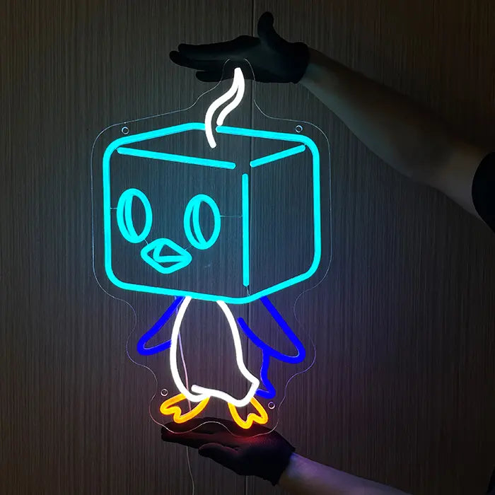Pokémon Eiscue Neon LED Sign aligned on the wall, one hand holding the sign from above