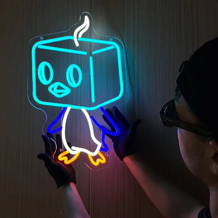 Pokémon Eiscue Neon LED Sign held against the wall with gloves and aligned