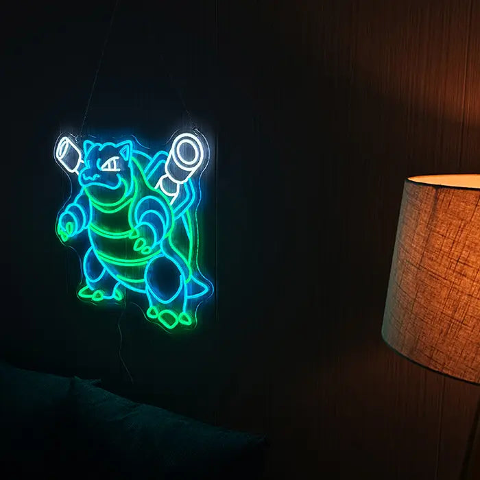 Pokémon Blastoise Neon LED Sign, Space Edition, from a distance on a dark wall beside a table lamp