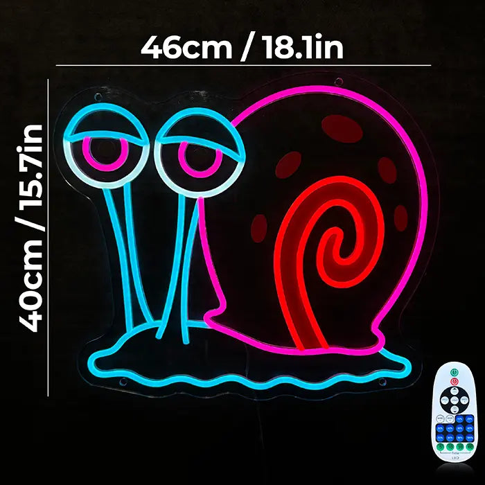 Gary the Snail Neon LED Sign with dimensions 46 cm (18") and 40 cm (16"), the dimmer remote beside it