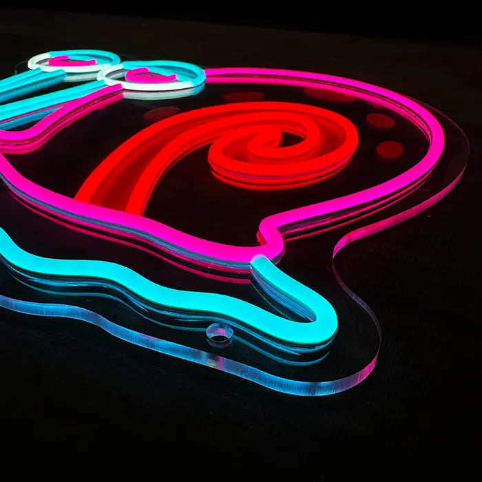 Gary the Snail Neon LED Sign at an angle from above, snail shell and spots in detail