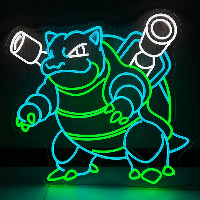 Pokémon Blastoise Neon LED Sign, Space Edition, glowing head-on against a dark background: Blastoise standing upright with two water cannons