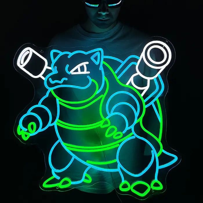 Pokémon Blastoise Neon LED Sign, Space Edition, held in front of the upper body by a person