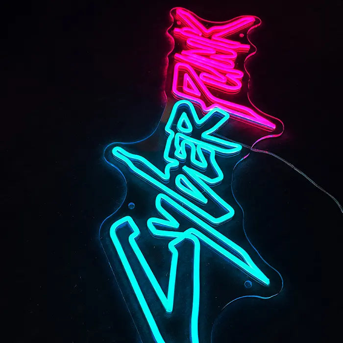 CYBERPUNK Neon LED Sign mounted upright on the wall, the lettering running vertically upwards