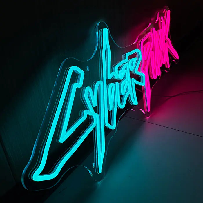 CYBERPUNK Neon LED Sign photographed from the side, the glow falling onto the surface below