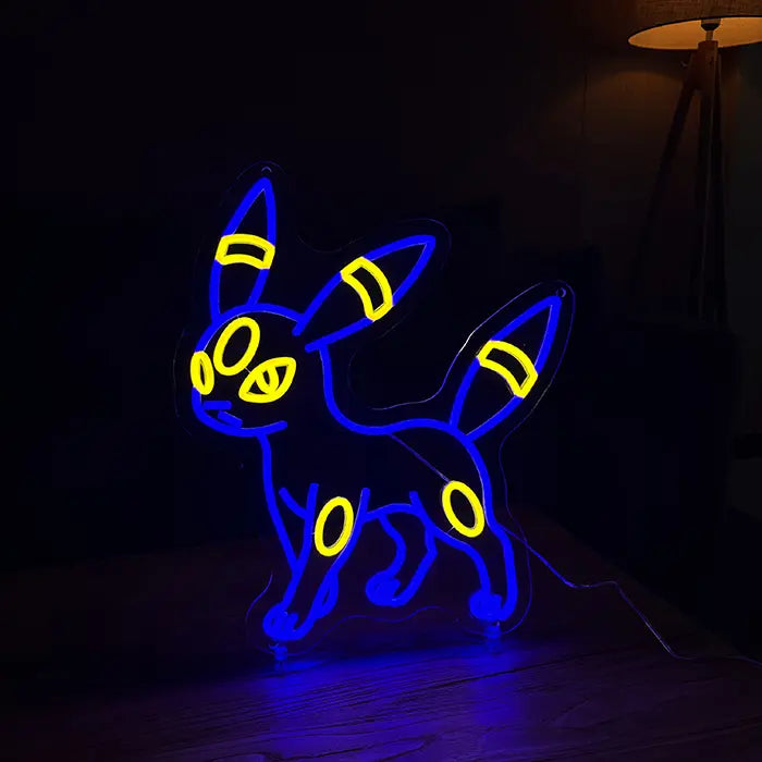 Pokémon Umbreon Neon LED Sign on a dark wall with a floor lamp casting warm light beside it