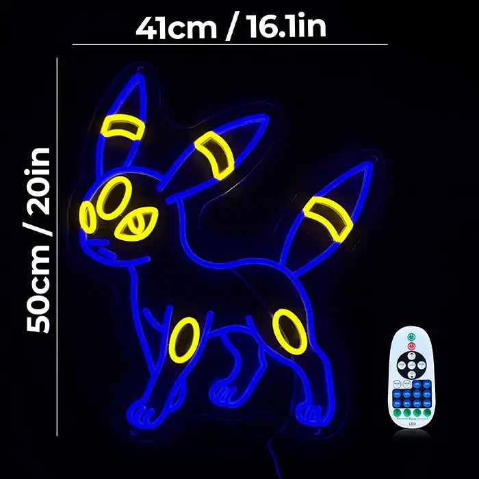 Pokémon Umbreon Neon LED Sign with dimensions 41 cm (16") and 50 cm (20"), the dimmer remote beside it