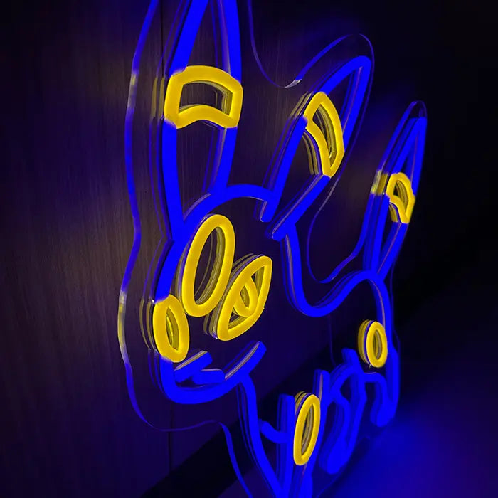 Pokémon Umbreon Neon LED Sign in close-up, the head with a forehead ring and ear rings made of neon tubing