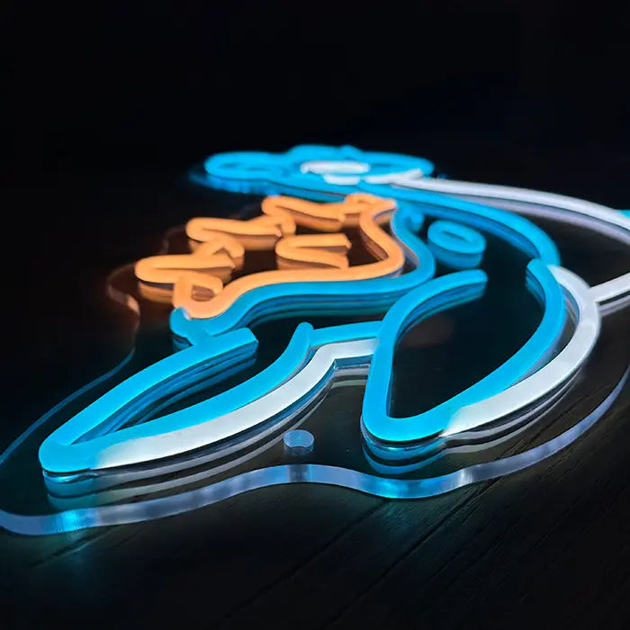 Pokémon Lapras Neon LED Sign from the side at an angle, neon tubes raised on clear acrylic