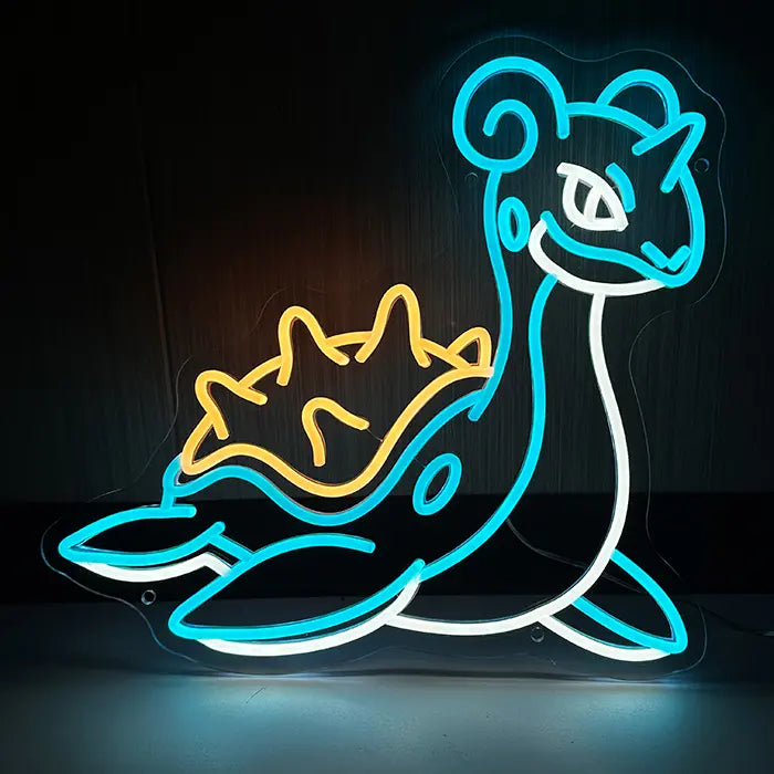 Pokémon Lapras Neon LED Sign front view on a dark wall, turquoise body with a yellow spiked shell