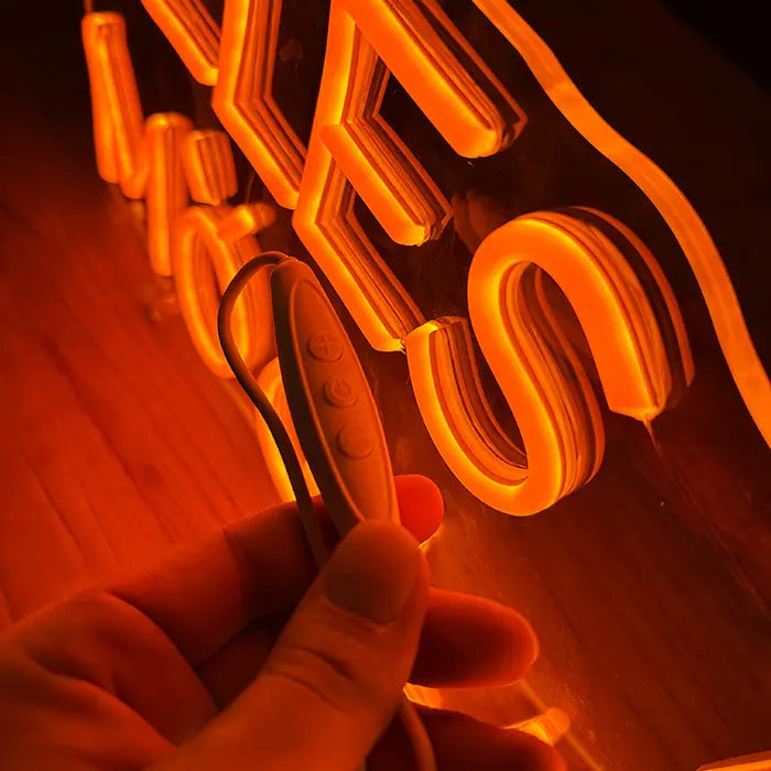 Anything Is Possible Neon LED Sign in close-up with the inline dimmer in hand in front of the letters