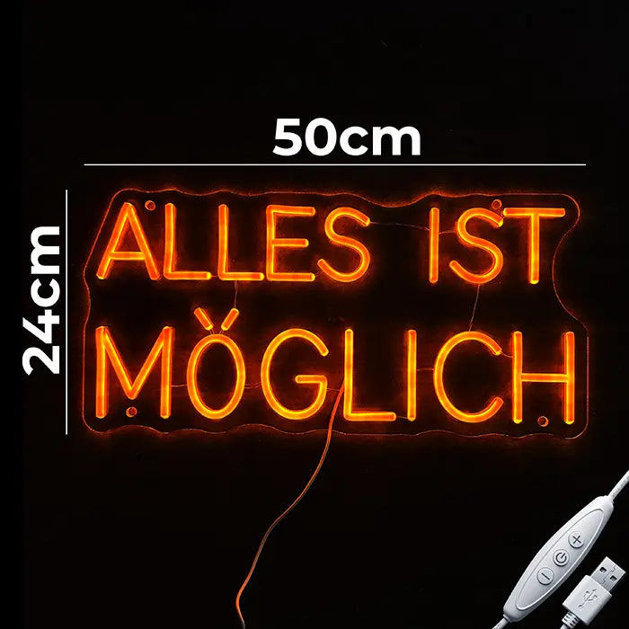 Anything Is Possible Neon LED Sign with dimensions 50 cm (20") and 24 cm (9"), next to it the USB cable with inline dimmer