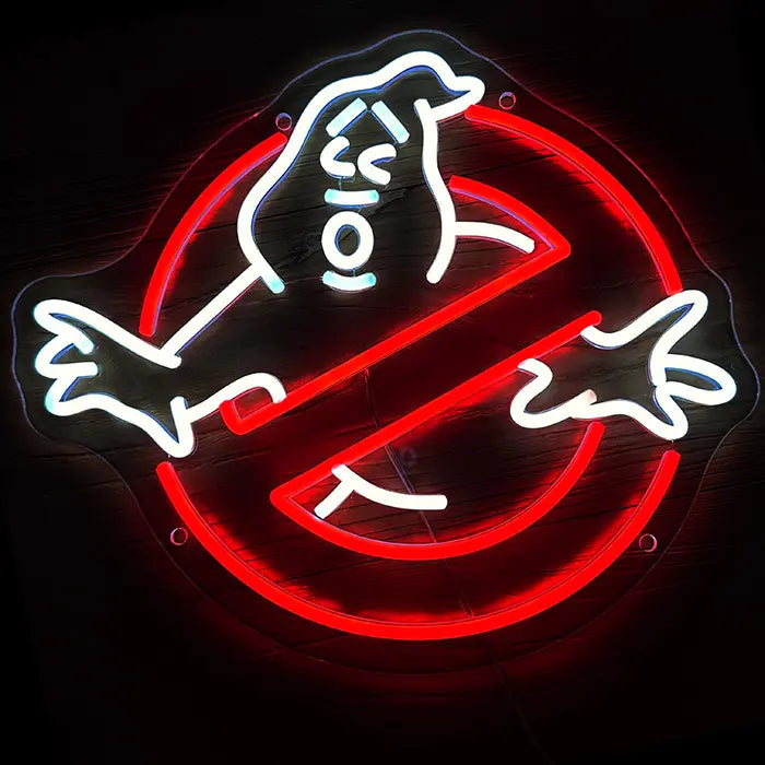 Ghostbusters Logo Neon LED Sign lit from the front, white ghost figure with red crossbar