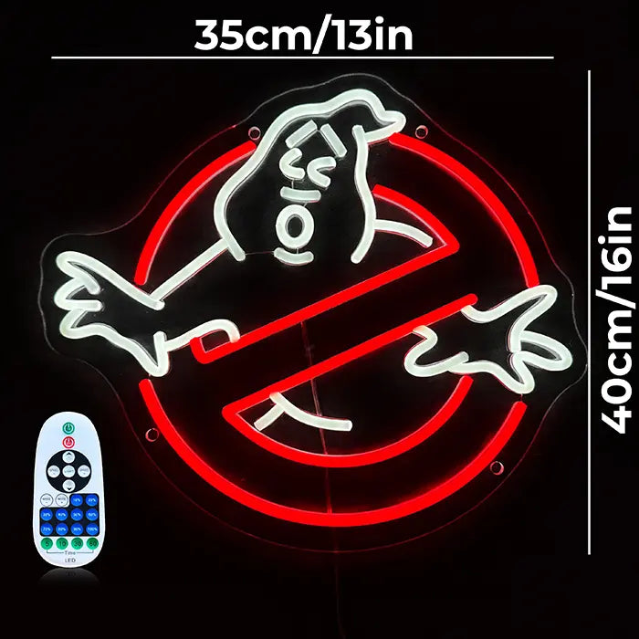 Ghostbusters Logo Neon LED Sign with dimensions 35 cm (14") and 40 cm (16"), next to it a remote control