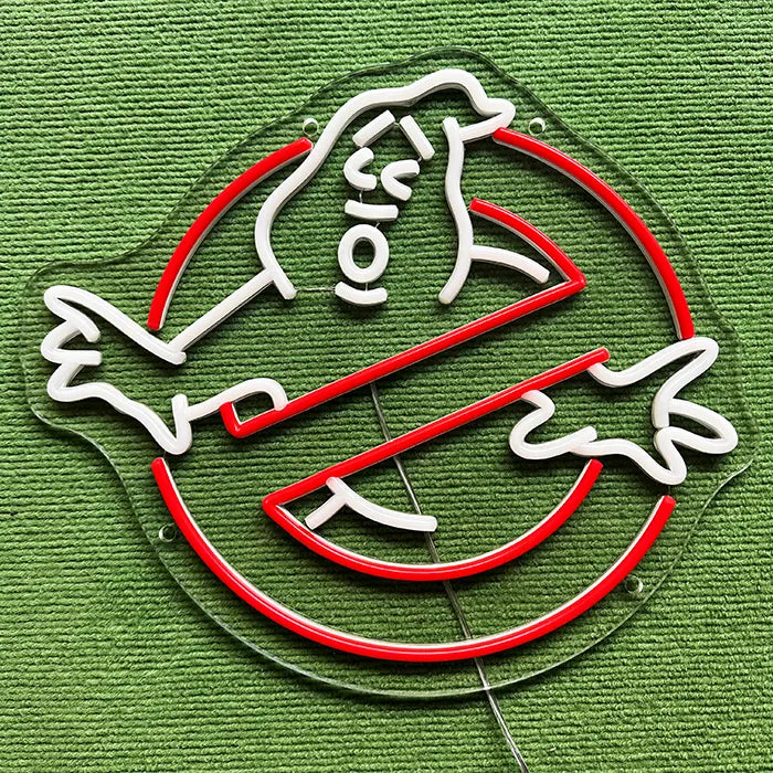 Ghostbusters Logo Neon LED Sign switched off on a green surface, full outline visible
