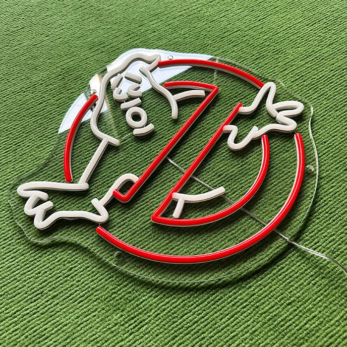 Ghostbusters Logo Neon LED Sign switched off from above at an angle, ghost and red circle on acrylic