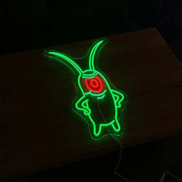 SpongeBob Freaks Set Neon LED Sign, motif The Plankton: lying on a dark wooden table