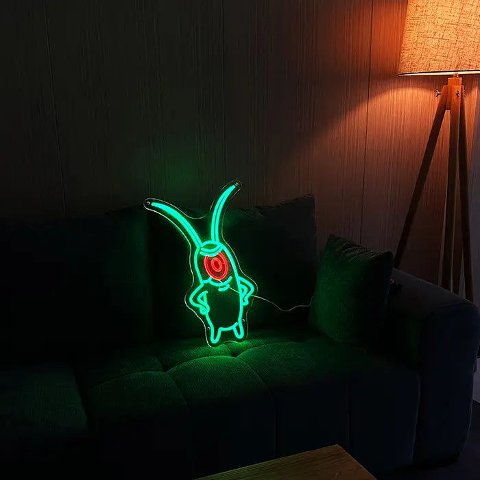 SpongeBob Freaks Set Neon LED Sign, motif The Plankton: on a dark sofa next to a floor lamp