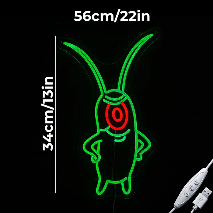 SpongeBob Freaks Set Neon LED Sign, motif The Plankton: dimensions 56 cm (22") and 34 cm (13") with USB cable