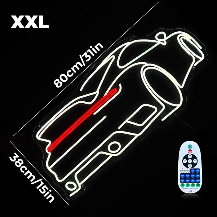 GT Sports Car Neon LED Sign with dimensions 80 cm (31") and 38 cm (15"), next to it the remote control