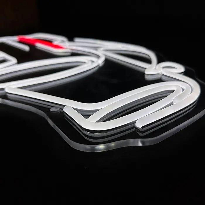 GT Sports Car Neon LED Sign in close-up against a dark background, rear wheel made of neon tube