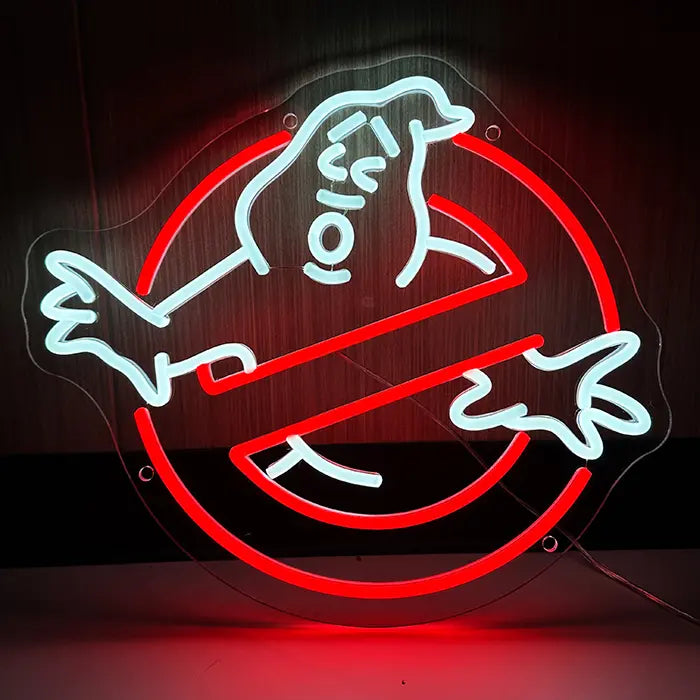 Ghostbusters Logo Neon LED Sign front view against a dark wooden wall, white ghost in the red no-entry circle