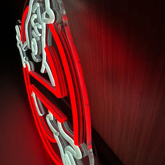 Ghostbusters Logo Neon LED Sign from the side on the wall, red circle up close