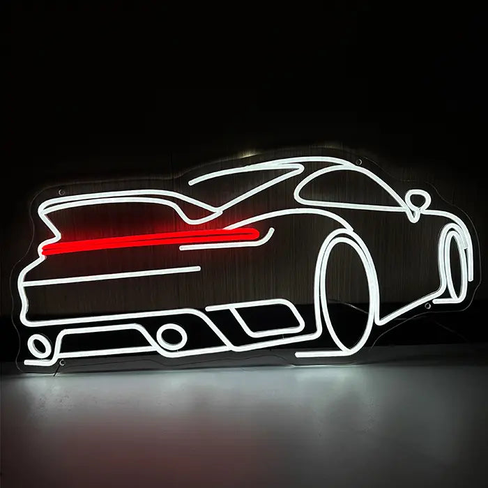 GT Sports Car Neon LED Sign front view against a dark wall, white rear view with a red light bar