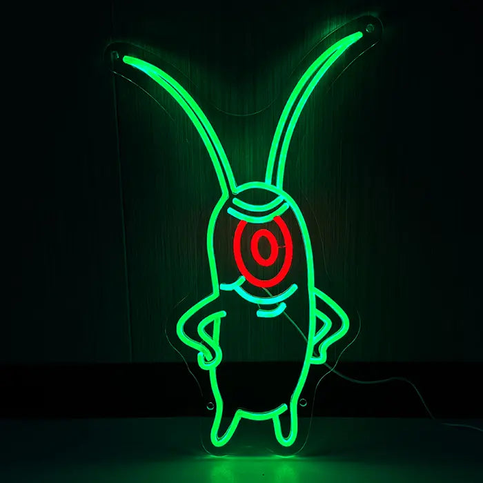 The Plankton Neon LED Sign front view on a dark wall, green Plankton from SpongeBob with a red single eye