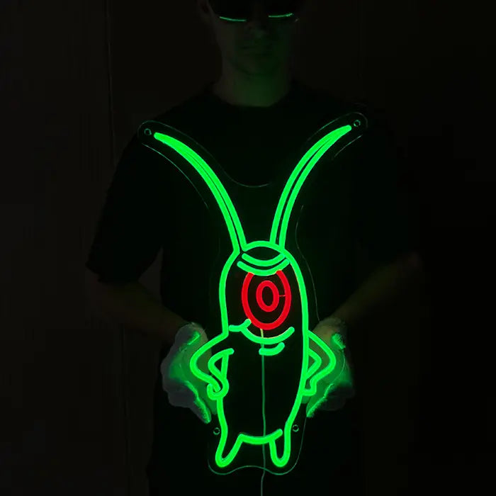 The Plankton Neon LED Sign held in front of the body with gloves