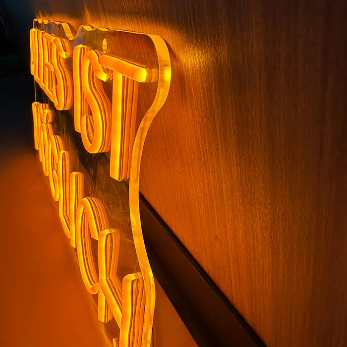Anything Is Possible Neon LED Sign photographed from the side on the wall, lettering up close
