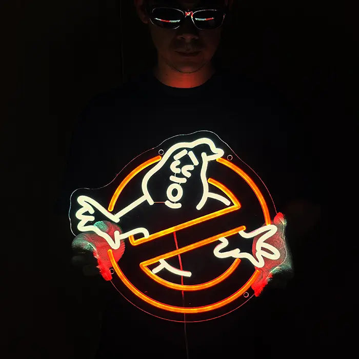 Ghostbusters Logo Neon LED Sign held in front of the body, circle glowing orange