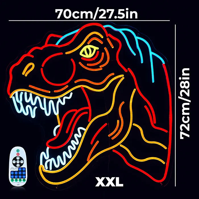 T-Rex Dino Neon LED Sign with dimensions 70 cm (28") and 72 cm (28") in XXL, next to it the remote control
