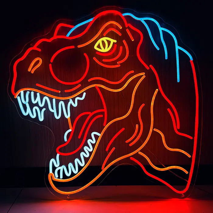 T-Rex Dino Neon LED Sign front view on a dark wall, roaring dinosaur head in red and orange with white teeth