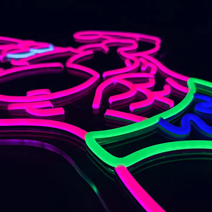 Patrick Bodybuilder Neon LED Sign in close-up at an angle, abs and swim shorts on acrylic