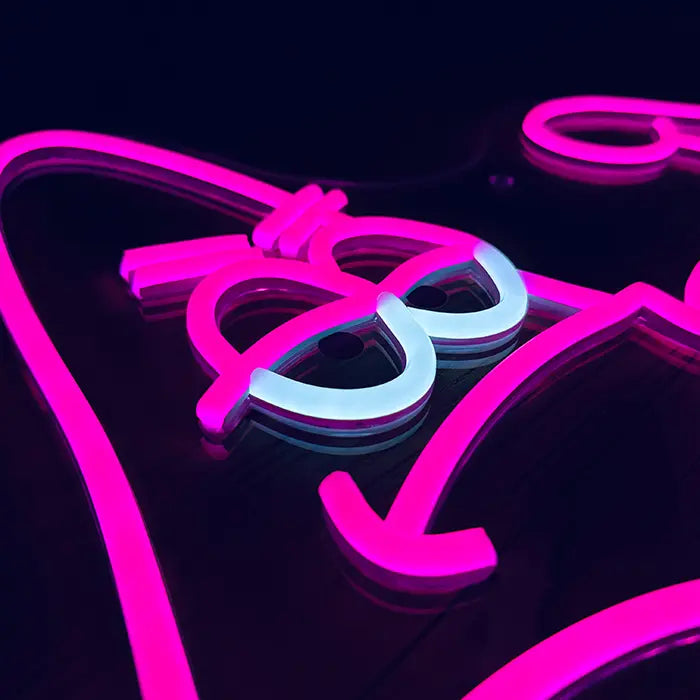 Patrick Bodybuilder Neon LED Sign in close-up, grim eyes and eyebrows in detail